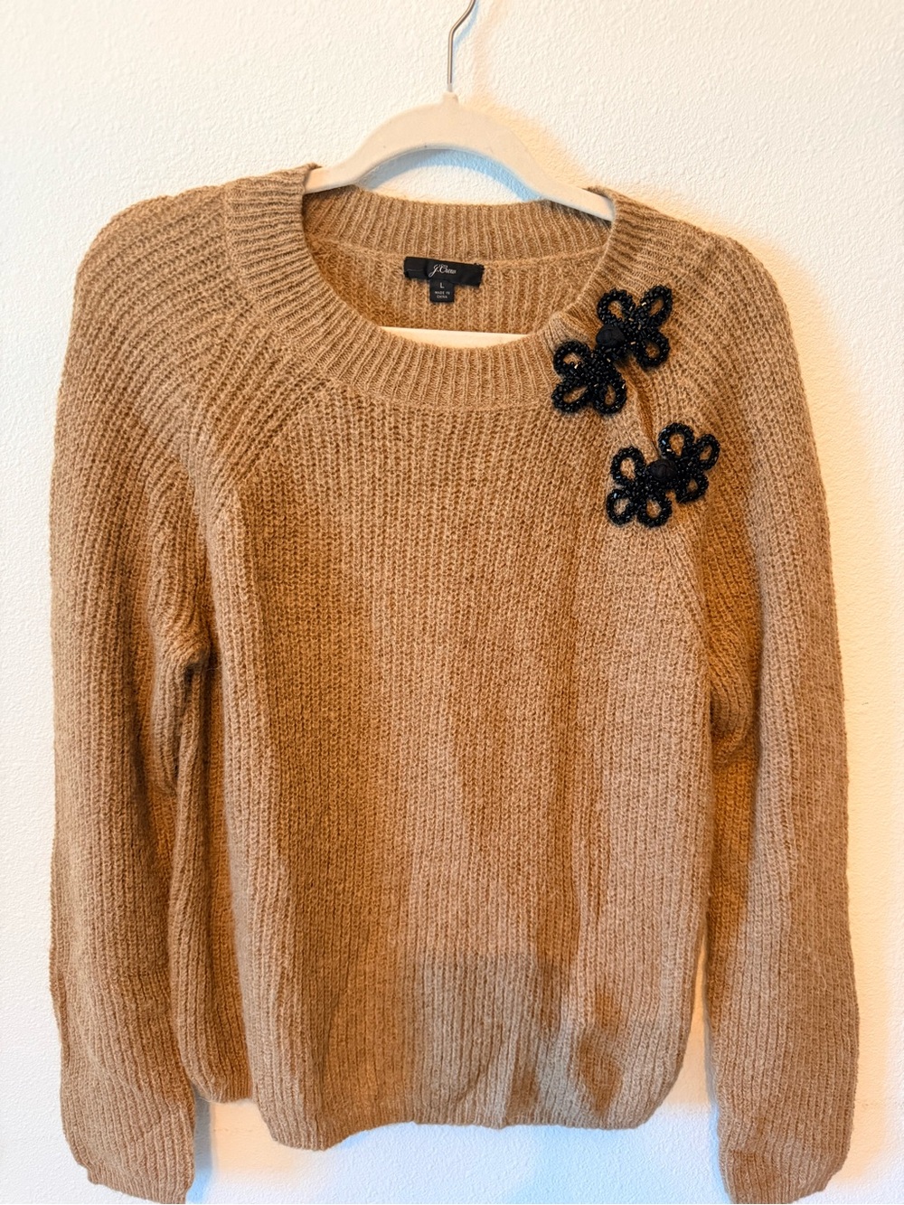 J. Crew Camel Crewneck Sweater with Black Beaded Floral Accents